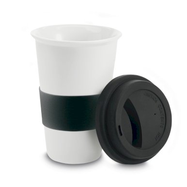 Šalica keramička sa silikonskim poklopcem i zaštitnom trakom,crna