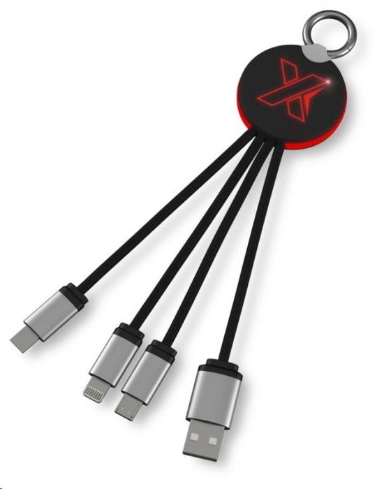 Kabel za punjenje  4 u 1 , sa svijetlećim logom, tipom C, crno-crveni