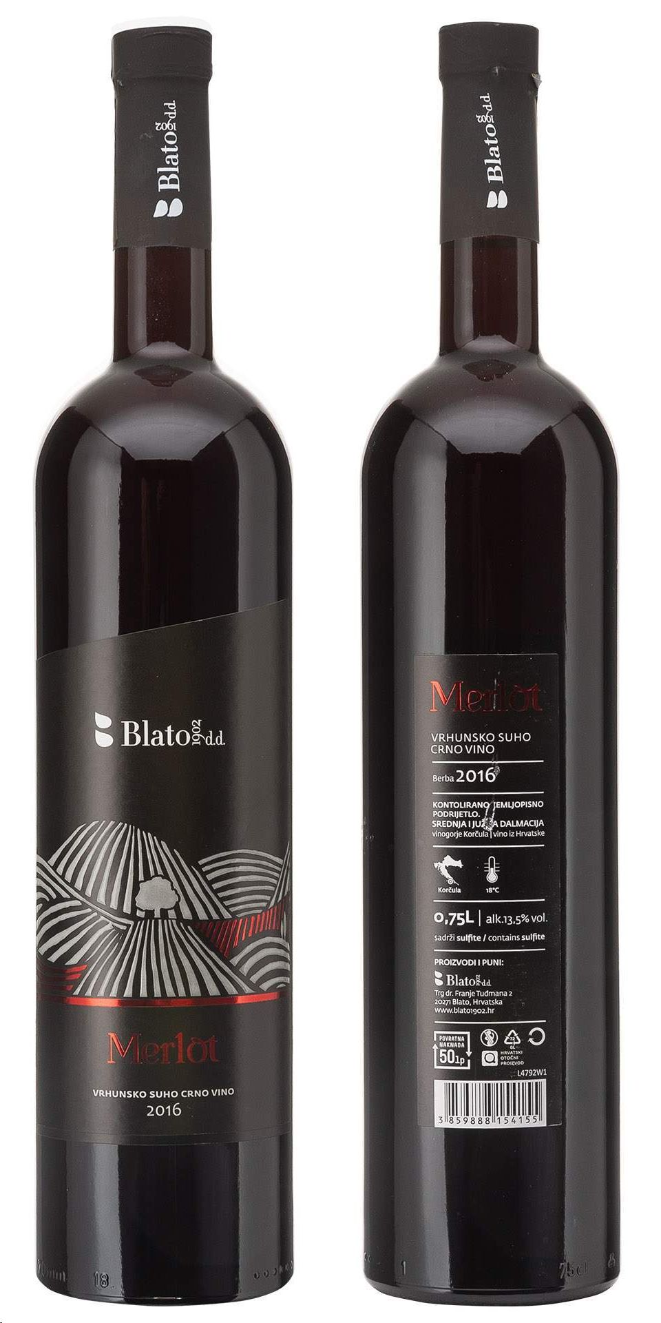 Vino, vrhunsko crno, Merlot Blato 0,75l  butelja
