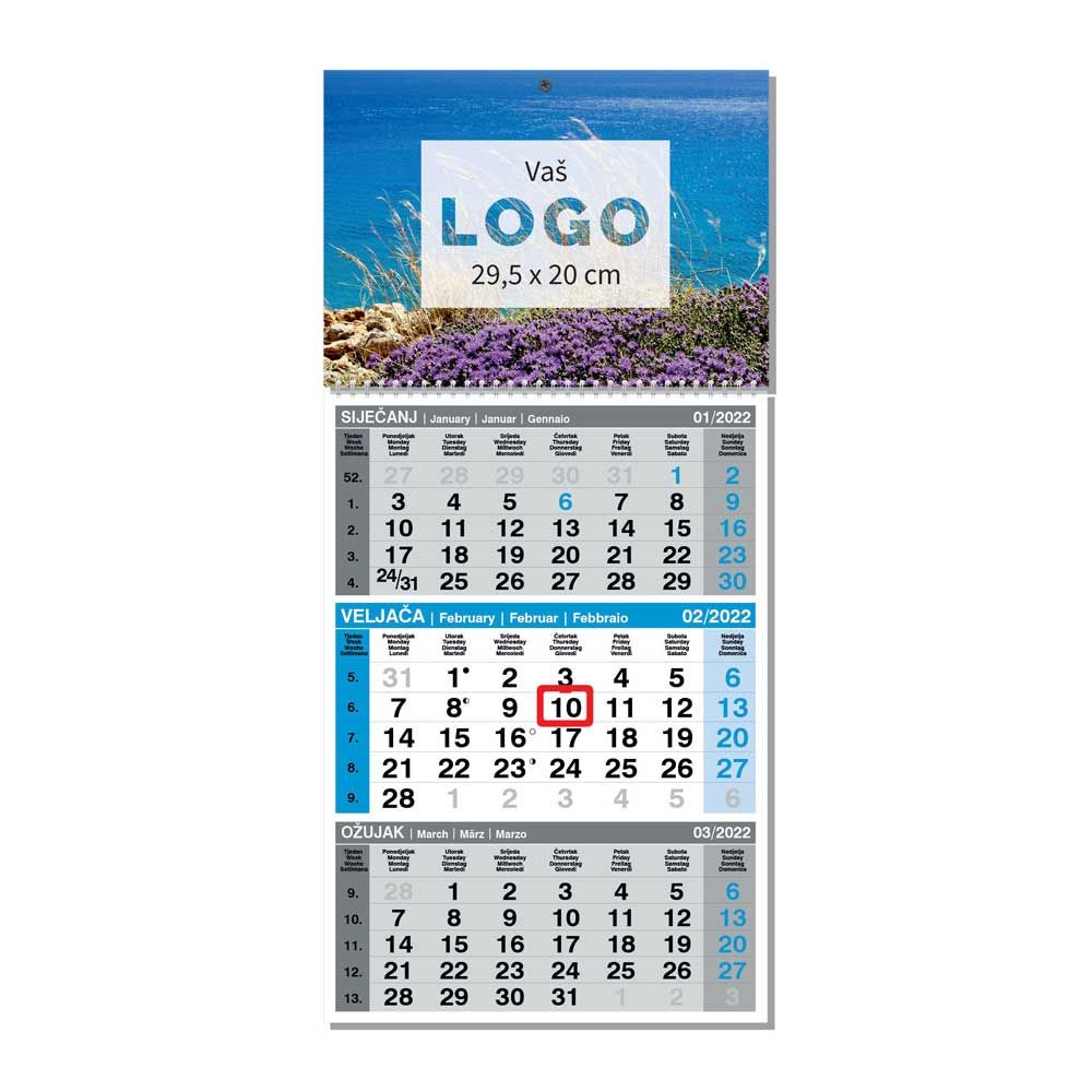 Kalendar poslovni, trodijelni, 29,5x62cm, 12 listova, s pokazivačem, PVC vrećica, sivo-plavi