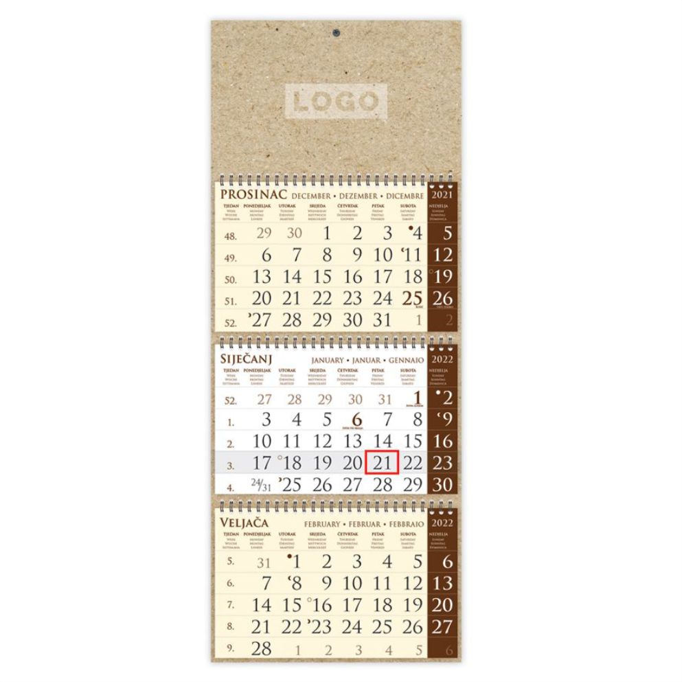 Kalendar trodijelni, ECO, 25x65cm, s pokazivačem, smeđi