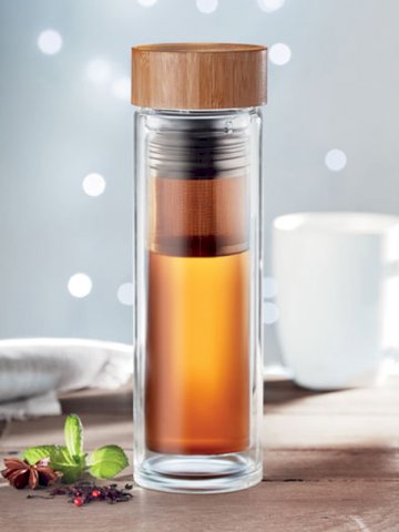 Boca za čaj s dodacima, staklena, dupla stjenka, 420 ml