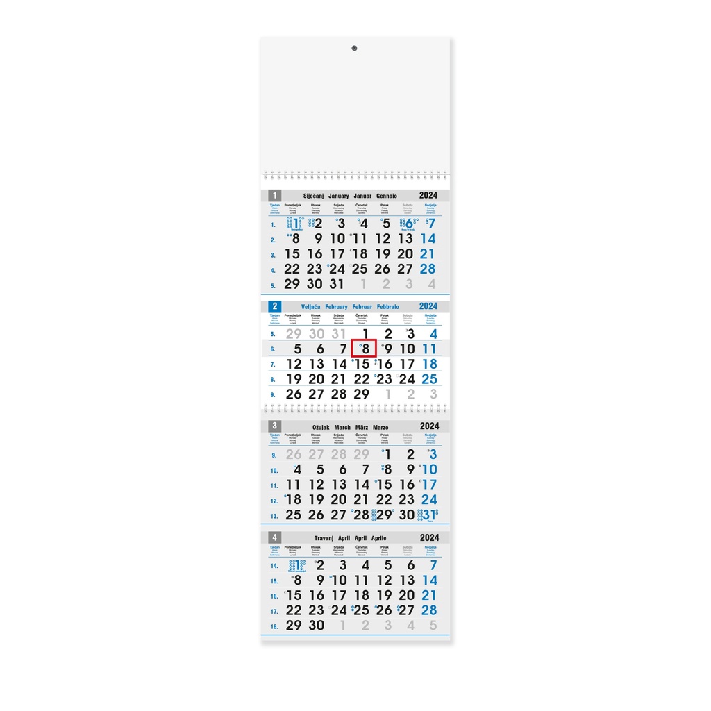 Kalendar poslovni, četverodijelni, 27,5x87cm, 12 listova, s pokazivačem, PVC vrećica, sivo-plavi