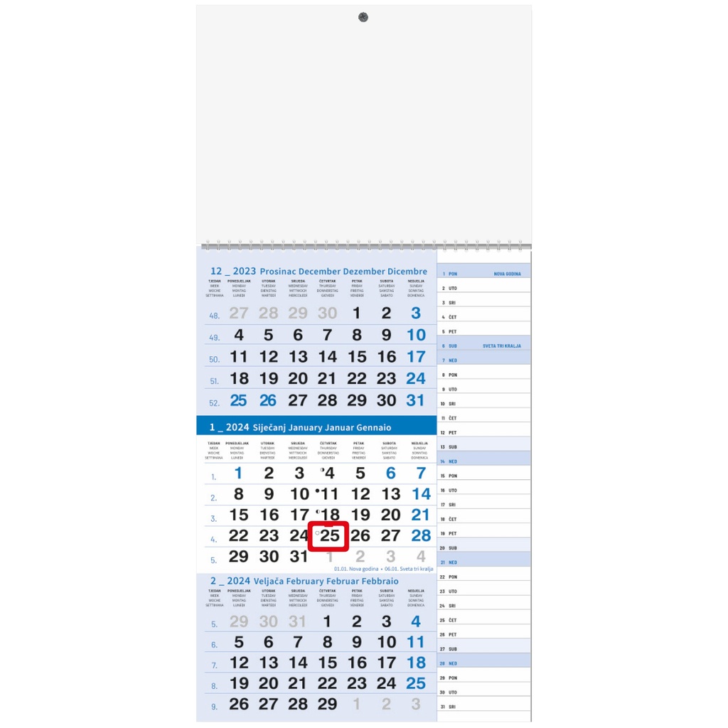 Kalendar poslovni, troodijelni, 29,5x62cm, 12 listova, s pokazivačem, PVC vrećica, plavi