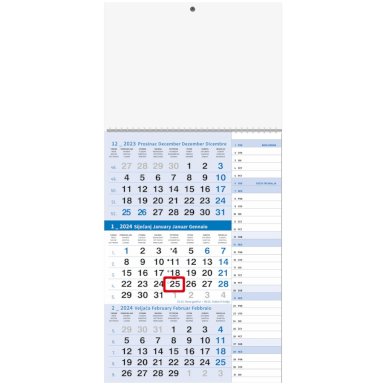 Kalendar poslovni, troodijelni, 29,5x62cm, 12 listova, s pokazivačem, PVC vrećica, plavi