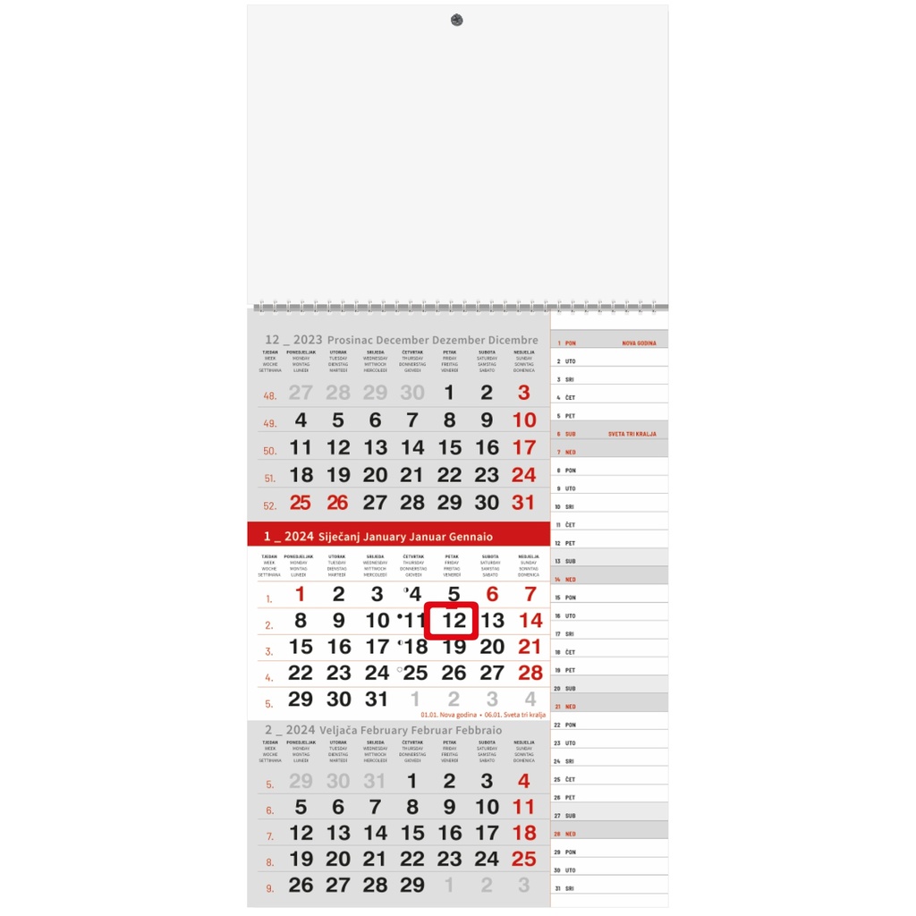 Kalendar poslovni, trodijelni, 29,5x62cm, 12 listova, s pokazivačem, PVC vrećica, sivo-crveni