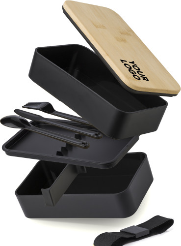 Lunch box, Maxton, dvoslojna, sa dva odjeljka, bamboo poklopac, crna
