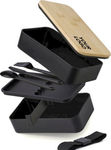 Lunch box, Maxton, dvoslojna, sa dva odjeljka, bamboo poklopac, crna