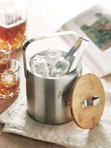 Posuda za led, KOKKOLA, 1,2L, metalna, sa poklopcem od bambusa i klještima za led