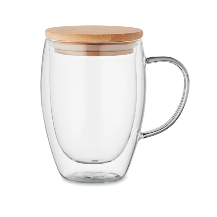 Šalica s poklopcem od bambusa, dupla stjenka, 350 ml, staklena