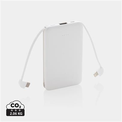 Powerbank, džepni, 5000 mAh, s integriranim kablovima, bijeli