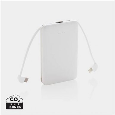 Powerbank, džepni, 5000 mAh, s integriranim kablovima, bijeli