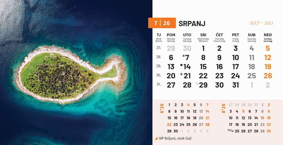 Kalendar stolni Nacionalni parkovi Hrvatske, 20,5x14,5 cm, 13 listova, koverta