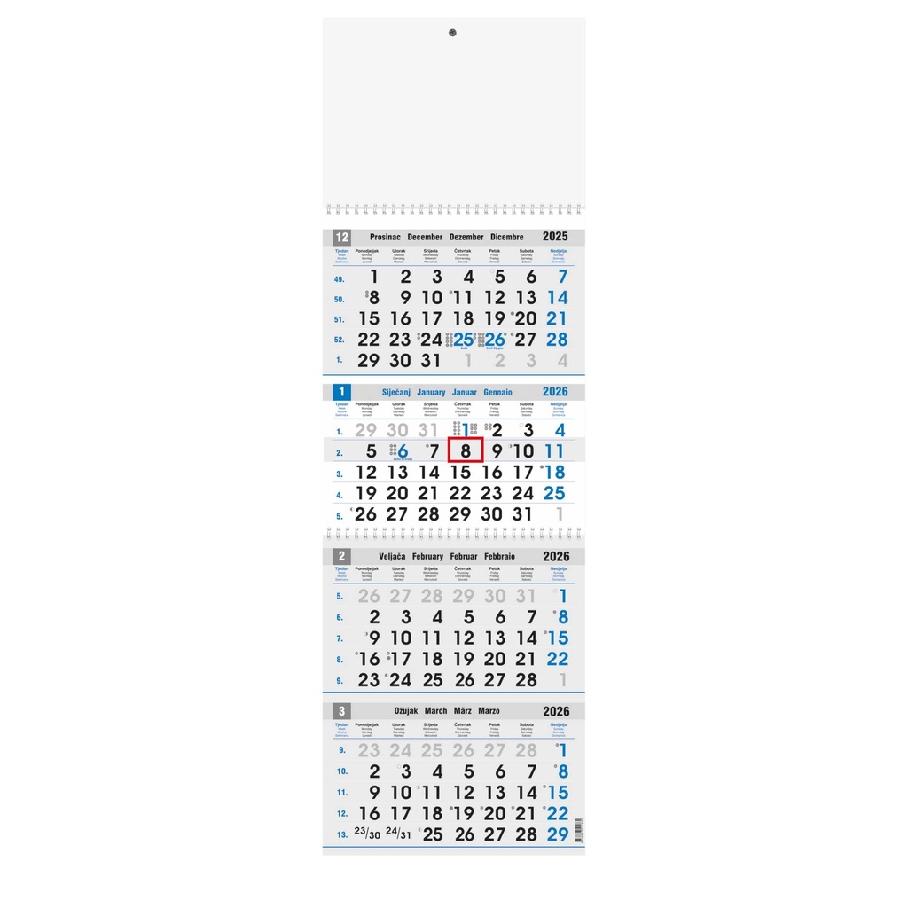 Kalendar poslovni, četverodijelni, 27,5x87cm, 12 listova, s pokazivačem, PVC vrećica, sivo-plavi