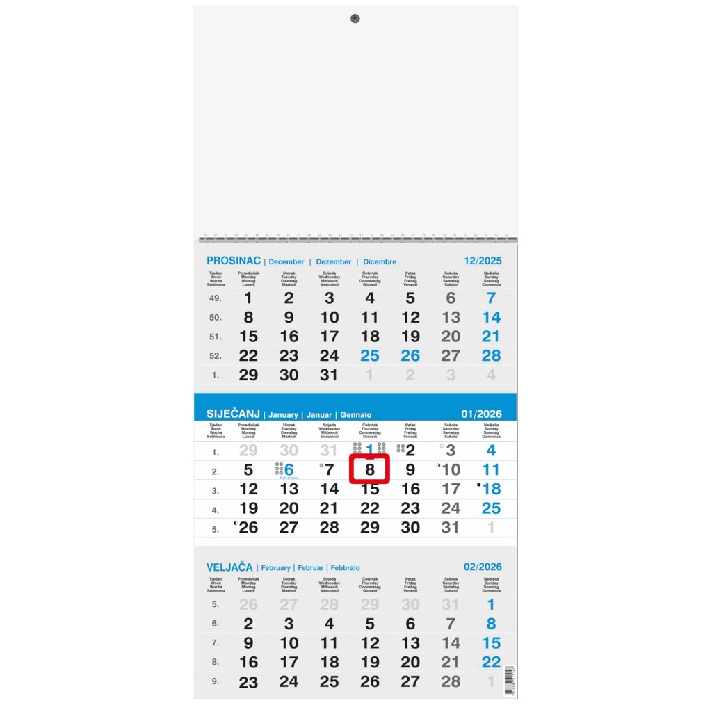 Kalendar poslovni, trodijelni, 29,5x62cm, 12 listova, s pokazivačem, PVC vrećica, sivo-plavi