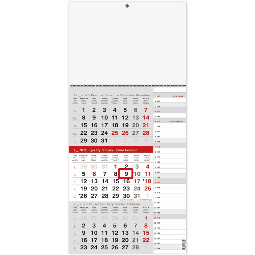 Kalendar poslovni, trodijelni, 29,5x62cm, 12 listova, s pokazivačem, PVC vrećica, sivo-crveni