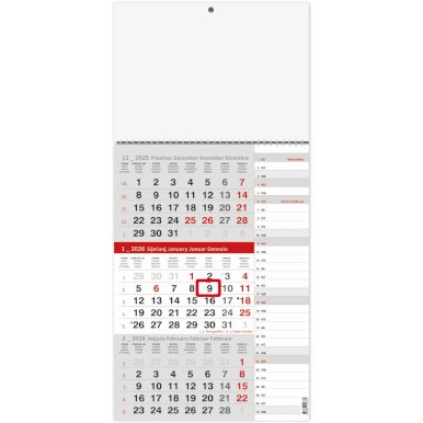 Kalendar poslovni, trodijelni, 29,5x62cm, 12 listova, s pokazivačem, PVC vrećica, sivo-crveni