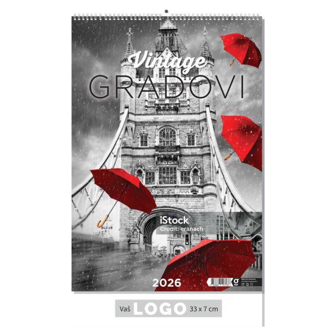 Kalendar Vintage gradovi, 33x55 cm, 13 listova, PVC vrećica