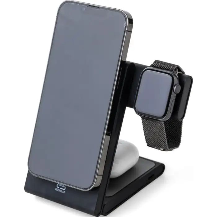 Punjač, bežični, 3 u 1, 15W, reciklirani ABS, crni