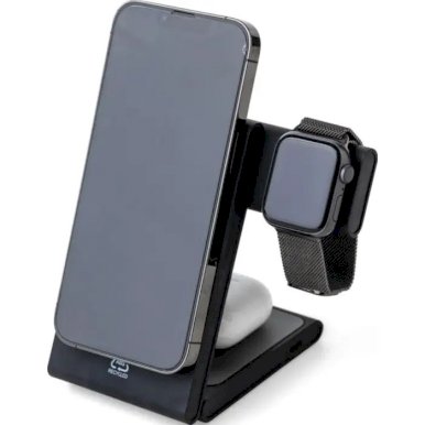 Punjač, bežični, 3 u 1, 15W, reciklirani ABS, crni