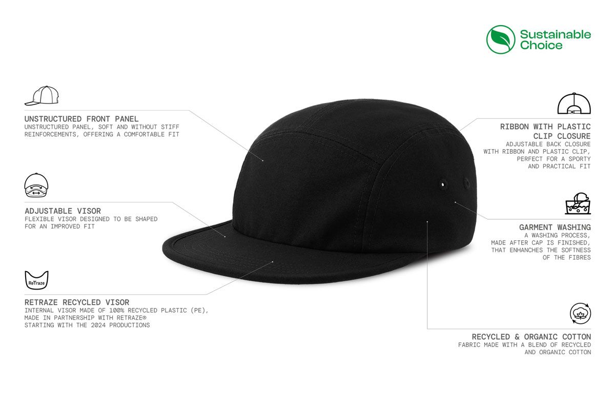 Kapa šilterica, DARWIN, 5 panela, reciklirana, ravni vizor, plastična kopča, crna