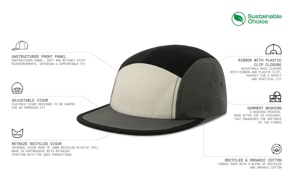 Kapa šilterica, DARWIN, 5 panela, reciklirana, ravni vizor, plastična kopča, bijelo-crna-t.siva