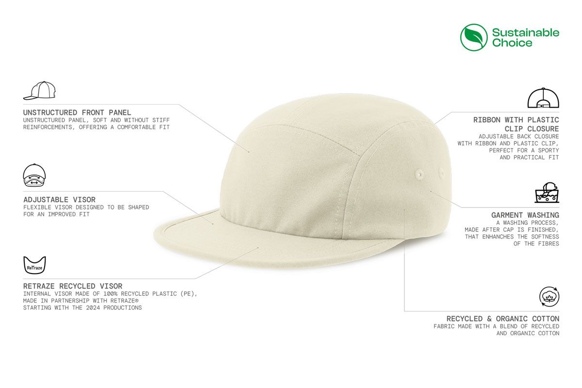 Kapa šilterica, DARWIN, 5 panela, reciklirana, ravni vizor, plastična kopča, prljavo bijela