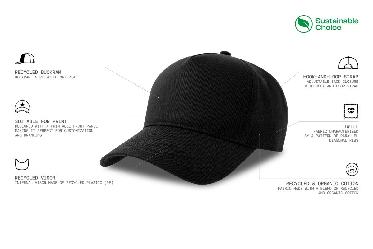 Kapa šilterica, EGON, 5 panela, reciklirana, na čičak, crna