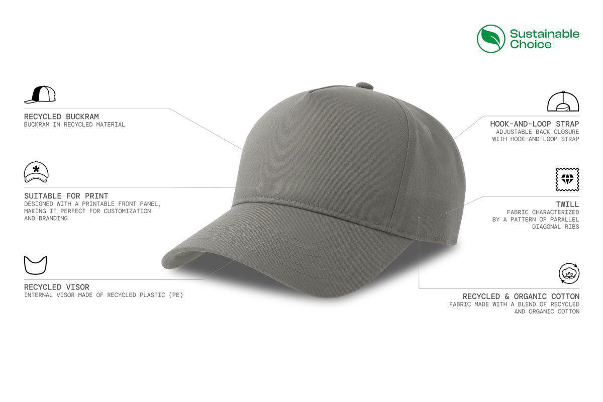 Kapa šilterica, EGON, 5 panela, reciklirana, na čičak, siva